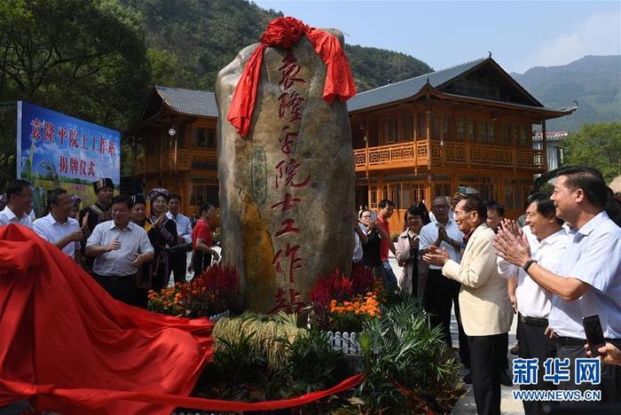 10月9日,在广西灌阳县新圩镇小龙村,袁隆平院士(前右三)出席工作站揭牌仪式。新华社记者 陆波岸 摄