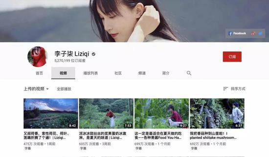 ▲李子柒的YouTube频道