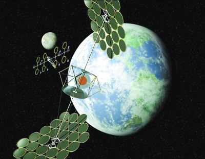 集成对称聚光系统空间太阳能电站设想图。