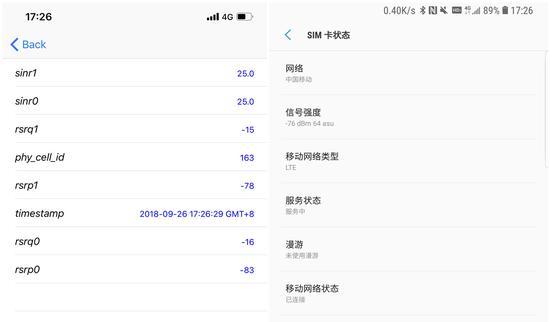 ▲左:iPhone XS Max(RSRP),右:Galaxy Note9(信号强度)