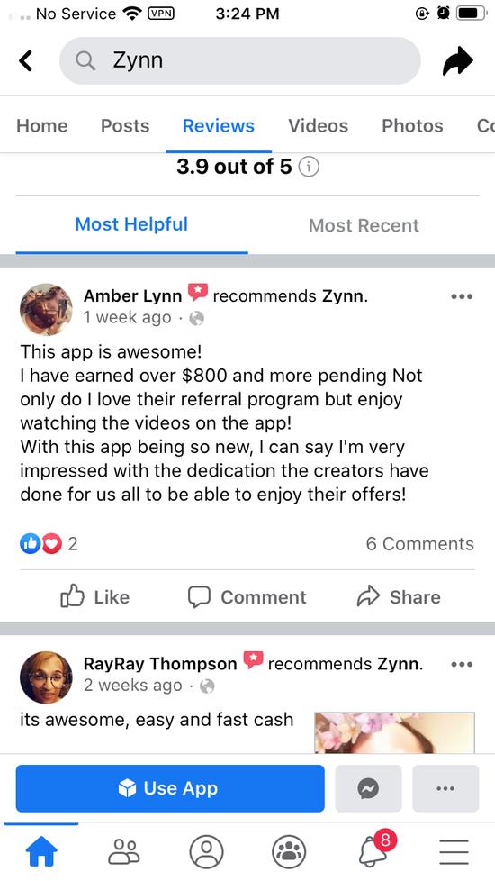 Facebook上Zynn官方账户下的评论和打分