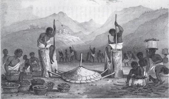 马达加斯加块炼铁双缸鼓风筒(William Ellis, et al。。 History of Madagascar。 1838。)