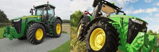 现实中的约翰迪尔8R-8400R拖拉机(左) 与游戏中的它(右)