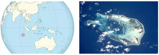 左:科科斯(基林)群岛(Cocos (Keeling) Islands)在地球上的位置,by TUBS;右:科科斯(基林)群岛卫星照片 | by NASA