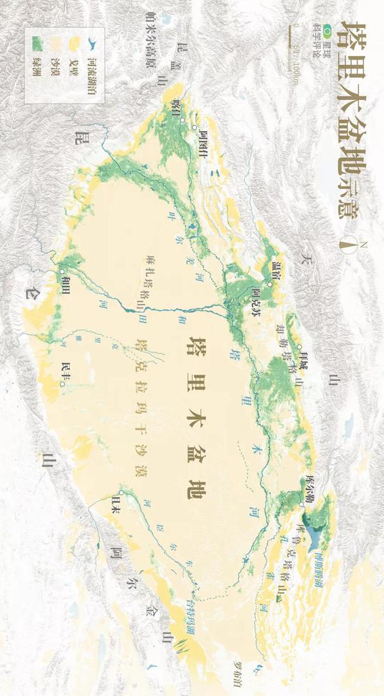 塔里木盆地示意图 | 塔里木盆地干旱少雨,城镇集中在山麓绿洲和河流两岸,依水而生。制图@巩向杰&陈随/星球科学评论