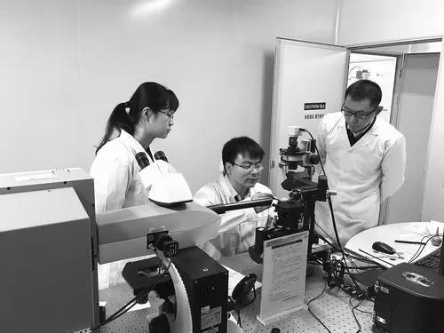 李炫华老师(中)带领学生观察新材料。