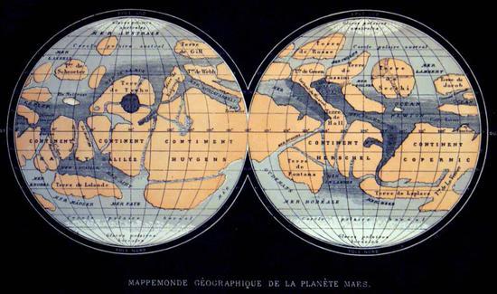 1884年法国天文学家弗拉马利翁出版的火星地图,当年的“小布丁(a)”被命名为“子午线湾(Sinus Meridiani)”,当代命名沿用了这个叫法,称作“子午线平原(Terra Meridiani)”。