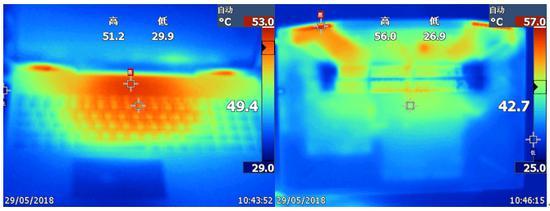 ▲左:键盘面温度最高为512°;右:D面最高温度为56°