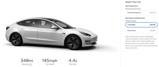 (Model 3全驱长续航,英国官网WLTP,约560km)