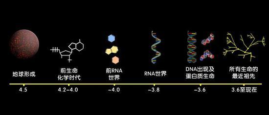 生命起源和早期进化的大致“时间轴”(横轴时间单位:十亿年)。| 图片设计:雯雯子;参考来源:《进化》