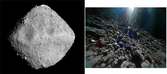 (左)隼鸟2号拍摄的直径约900米的小行星“龙宫”;(右)MINERVA-II-1B着陆后拍摄的“龙宫”表面。来源:JAXA