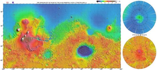 火星全球勘探者号获取的火星地形图,越红越高,越蓝越低。来源:NASA/MOLA