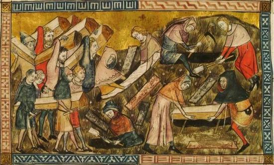 《图尔奈市民埋葬瘟疫受害者》 艺术家:Pierart dou Tielt 年份:约1353年 类型:微型画 收藏地:比利时皇家图书馆,布鲁塞尔