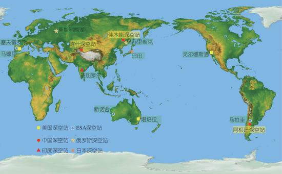 全球主要深空测控设施分布。截止目前,我国深空测控网由中国中国西北部喀什地区35米深空站、中国东北部佳木斯地区66米深空站和位于南美洲阿根廷的35米深空站组成