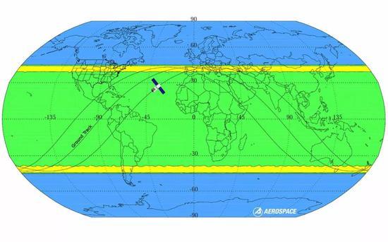 天宫一号可能的坠落地点(绿色区域),图自 Aerospace