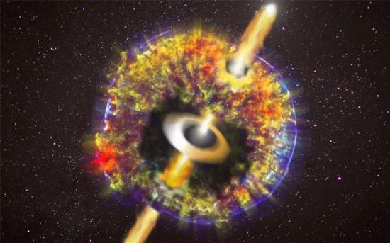 艺术想象图:中子星碰撞之后,一些碎片喷发出去后不断向外扩散,包围住这个系统,形成千新星;一些碎片回落,形成吸积盘,吸积盘中的物质落向中心的黑洞或超大质量中子星,并从黑洞或者中子星旋转轴方向喷发出喷流,形成伽玛射线暴;喷流与星际空间中的物质相互作用,产生多波段余辉。:图片来源: O.S。 Salafia, G。 Ghirlanda, NASA/CXC/GSFC/B。 Williams et al。