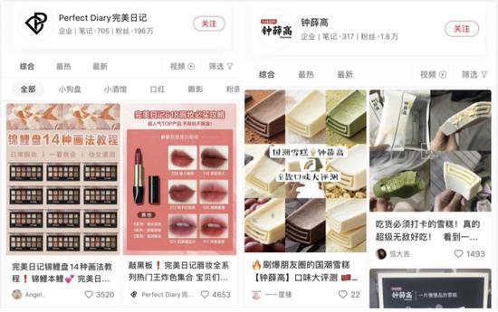 完美日记、钟薛高在小红书的企业号和种草笔记