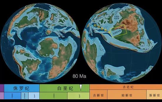 白垩纪晚期的古地理格局 | 8000万年前,海水曾自西向东侵入塔里木盆地。Ma表示百万年。图源@Christopher Scotese,截取自文献