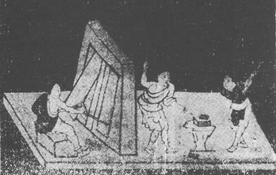 敦煌榆林窟西夏壁画《千手观音变》局部“打铁”图(J。 Needham。 Science and Civilization in China(Ⅳ︰2),1965)