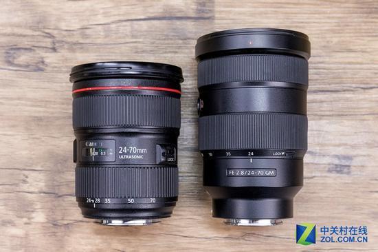 同样是24-70mm F2.8的规格,微单镜头(右)的体积反而更大