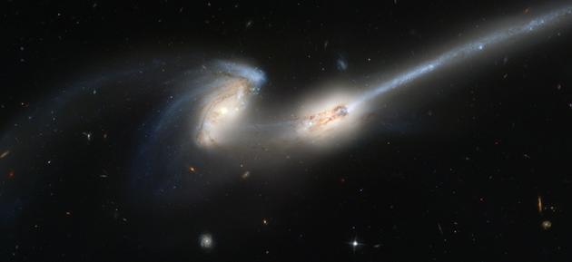 天文学家已经发现了一些正处在合并过程中的成对星系,如图中的NGC 4676。
