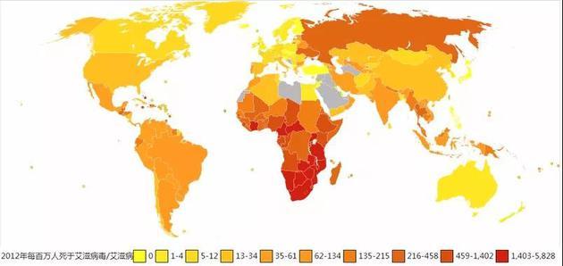 2012年HIV-AIDS世界地图。图片来源:WHO