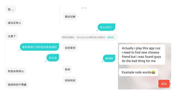 (1.Soul女用户对探探的评价)(2.Soul女用户发来的令自己反感的聊天截图)(3。探探上的外国用户对探探的使用评价)均已征得授权
