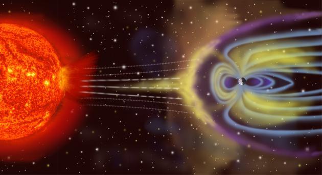 太阳风经常会对地球产生影响,但地球的磁场在一定程度上可保护大气免遭太阳风的侵害