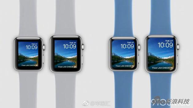 第四带Apple Watch的屏占比会进一步增大(图中示意蓝表带是新款,灰表带是旧款)