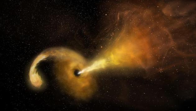 黑洞潮汐撕裂恒星事件的想象图。当一颗恒星太接近超大质量黑洞时,就会发生潮汐撕裂事件