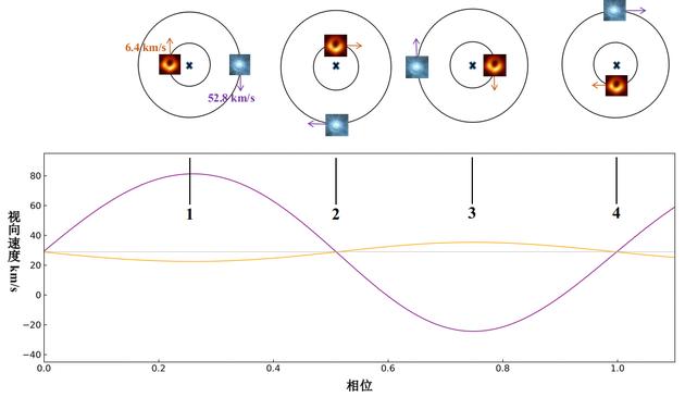 图二 LB-1系统中B型星和黑洞的运动规律和速度曲线