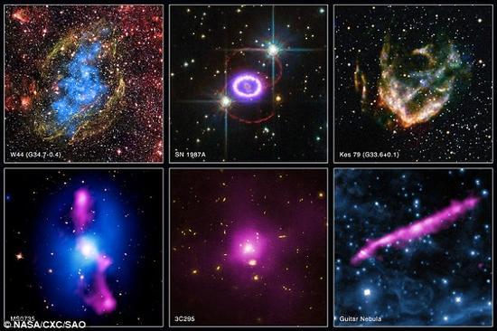 NASA公布了钱德拉X射线天文台16年来拍摄的一系列图片,包括MS 0735.6+7421星系团的新合成图片(第二行图片)。此外还有一系列超新星爆发的图像(第一行图片),但与MS 0735.6+7421星系团内的大爆炸相比就相形见绌。