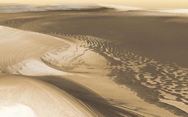 火星北极峡谷的三维全景模拟图。该峡谷长约560公里,通往火星北极冰盖。