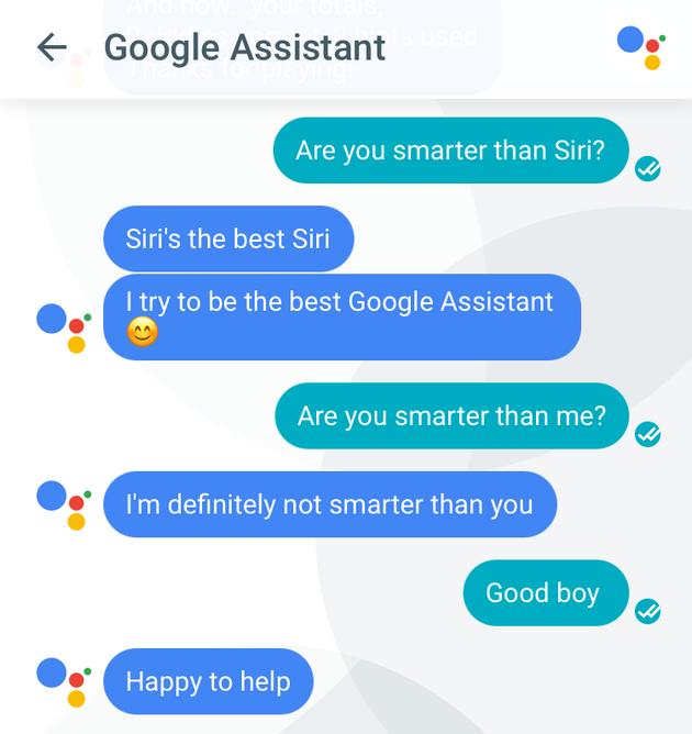 “你比 Siri 更聪明吗?” “Siri 是最好的 Siri,我正努力成为最好的 Google Assistant。”