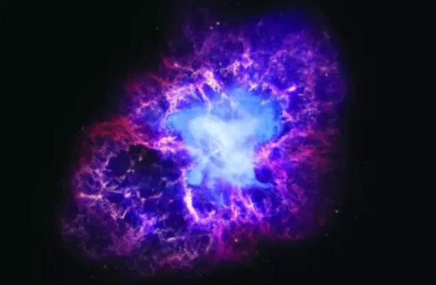 蟹状星云是超新星爆发留下的遗迹,天文学家认为,一颗旋转的中子星制造出了磁性等离子体旋涡(蓝色部分),照亮了这团星云。