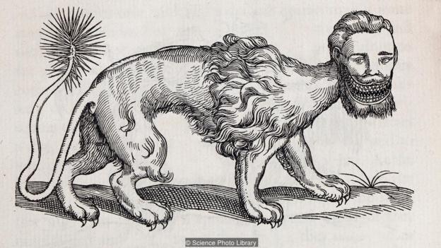 蝎狮(manticore)是一种类似斯芬克斯的传说生物,也是中世纪动物寓言集中的人-动物嵌合体