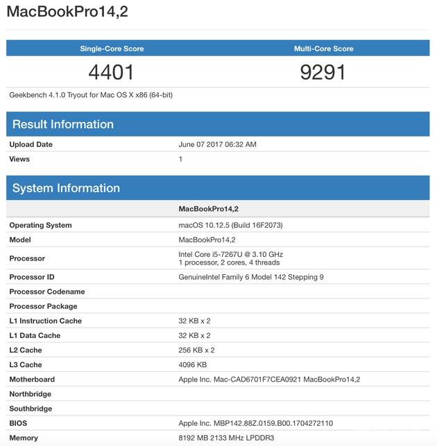 2017款 新MacBook Pro跑分