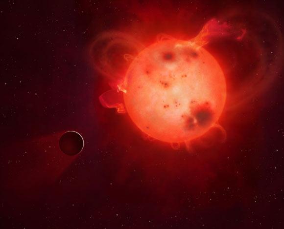图中是艺术家描绘一颗系外行星大气层被主恒星辐射剥离。