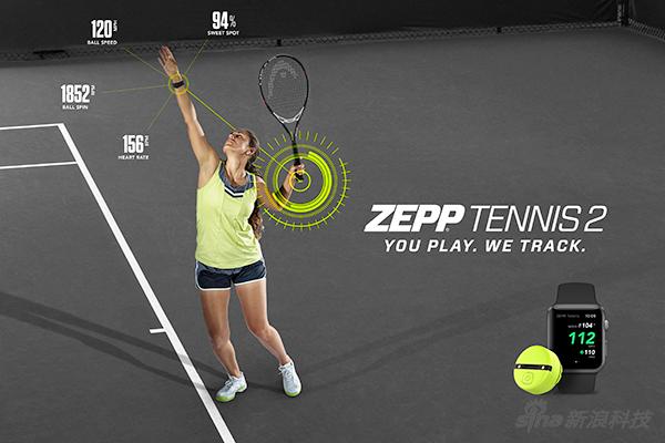 Zepp Tennis的网球设备广告图显示了它监测运动的方式