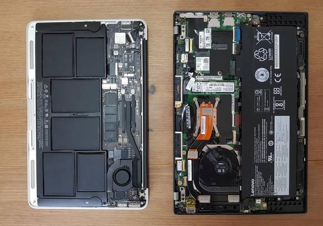 11 吋 MacBook Air 和 2017 款 ThinkPad X1 Carbon 拆机对比。