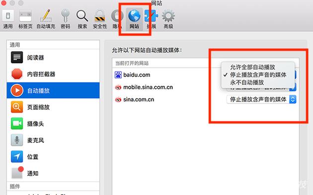 Safari偏好设置中添加了“网站”
