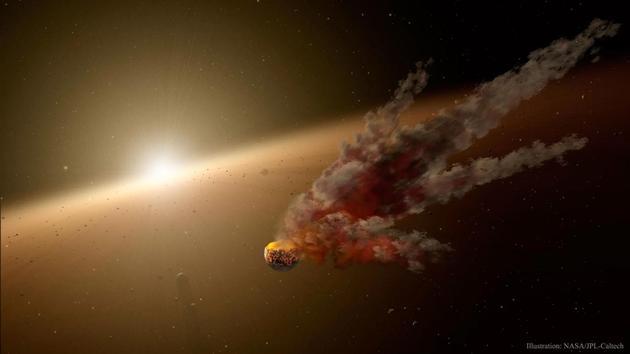 如图所示,这是艺术家描绘的KIC 8462852恒星,从地球角度观测,这颗恒星出现了亮度变化,一种假设是一颗分解的行星环绕恒星运行,行星残骸阻挡了恒星光线。.webp.jpg
