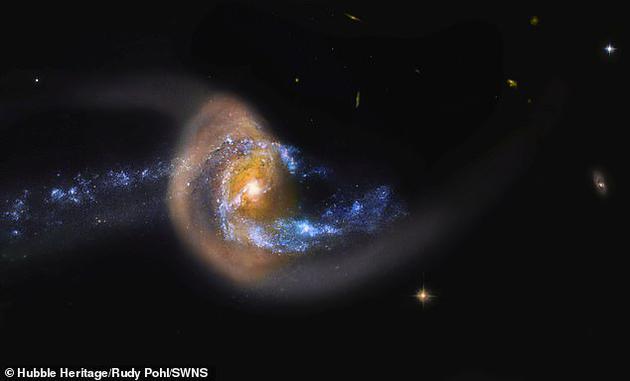 螺旋星系的旋臂(图中显示为蓝色)已经被拉扯得变了形,星系中央的恒星也大量爆炸。