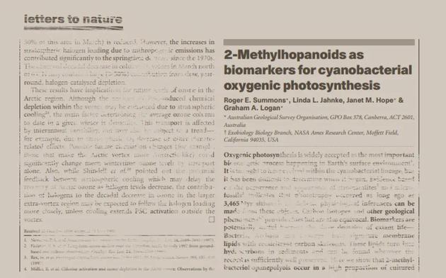 时间:1999年 代表论文:2-Methyhopanoids as biomarkers for cyanobacterial oxygenic photosynthesis 代表科学家:Roger E。 Summons et al。