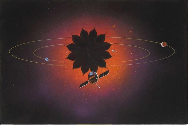 “遮星”技术概念让我们在下一个10年中便可实现系外行星的直接成像。这张概念图描绘了一台运用该技术的望远镜。挡住恒星的光线后,我们便可更好地拍摄围绕该恒星转动的行星。
