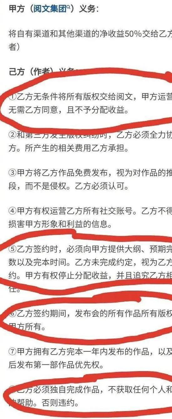 最新版的阅文集团写作合同书条款, 图源“互联网的那点事”微博