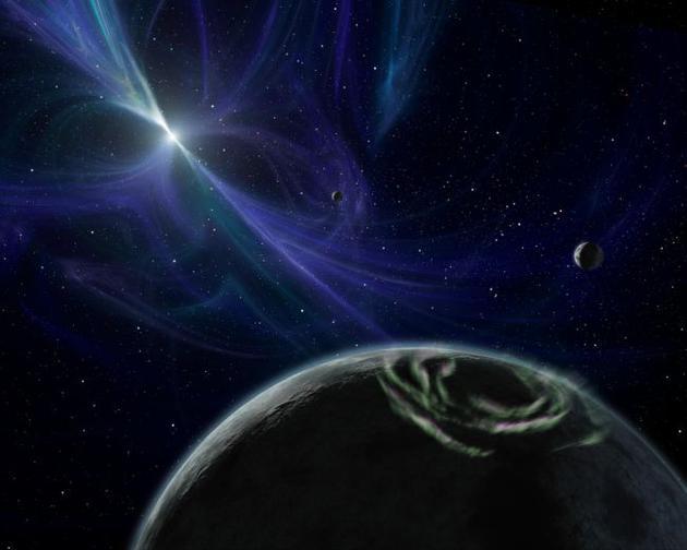 如图所示,已知有3颗行星围绕着脉冲星PSR B1257+12运行。研究人员在一项最新研究中表示,最新发现6颗环绕脉冲的行星可能是由神秘的“奇异物质”构成的。