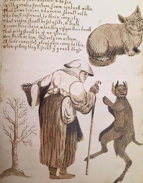 一个寡妇和她的猫以及恶魔。1621年英国北约克郡的女巫案件致使多名女巫和她们的猫被杀死。图源:Courtesy Mary Evans Picture Library