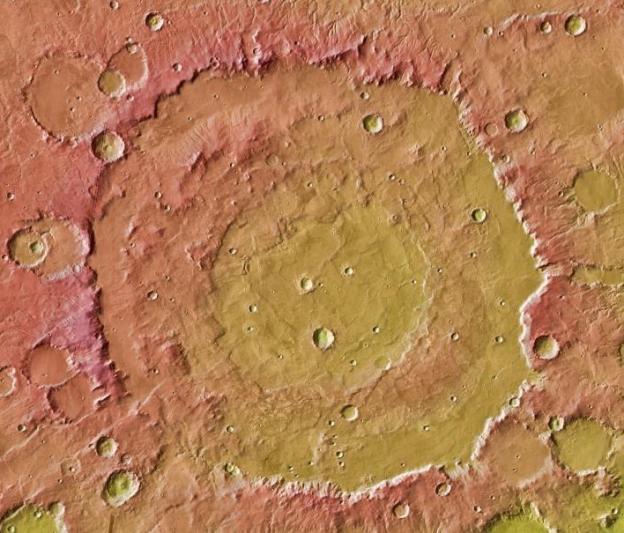 图为NASA奥德赛号火星探测器2011年在惠更斯撞击坑上方拍下的红外地形图。