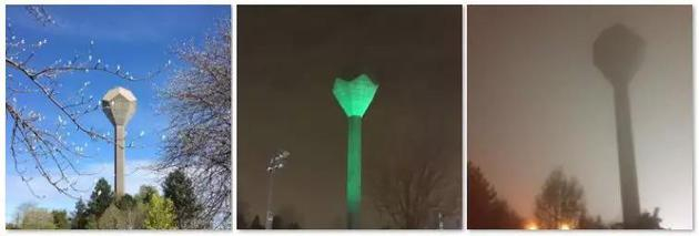 学校的水塔(左一)。晚上回家就会看到被绿色/紫色灯光照耀的左二,雾天就是右一。我觉得这东西像巨人的摇杆,现在在同事的提醒下已经成功把它看成扎根在校园里的巨型噬菌体……供图:作者